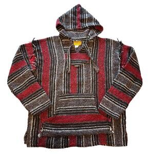Vintage Baja Hoodie Gold Coast Sunwear Red Black Gray Woven M 🧶🌈